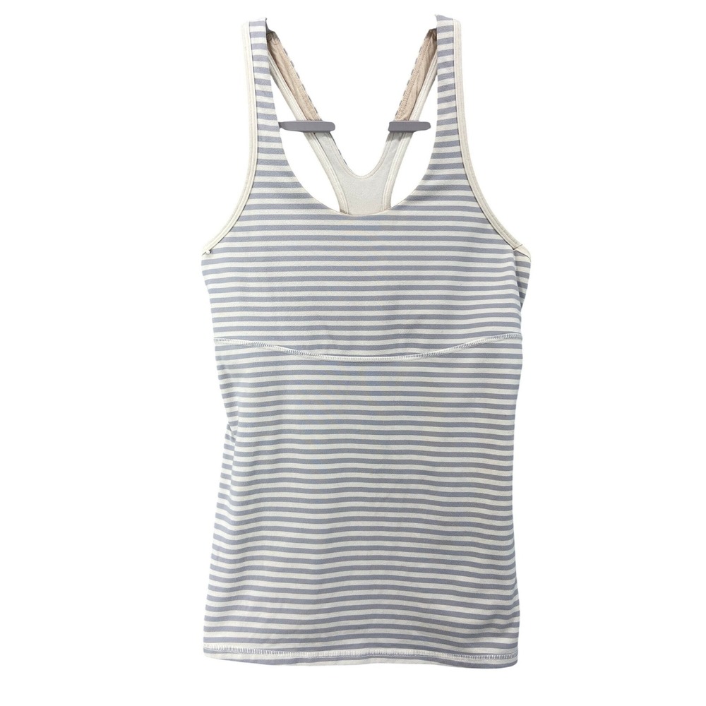 Lululemon Tank Top Womens 8 Grey White Striped Racerback‎ Mesh Back Built-in Bra